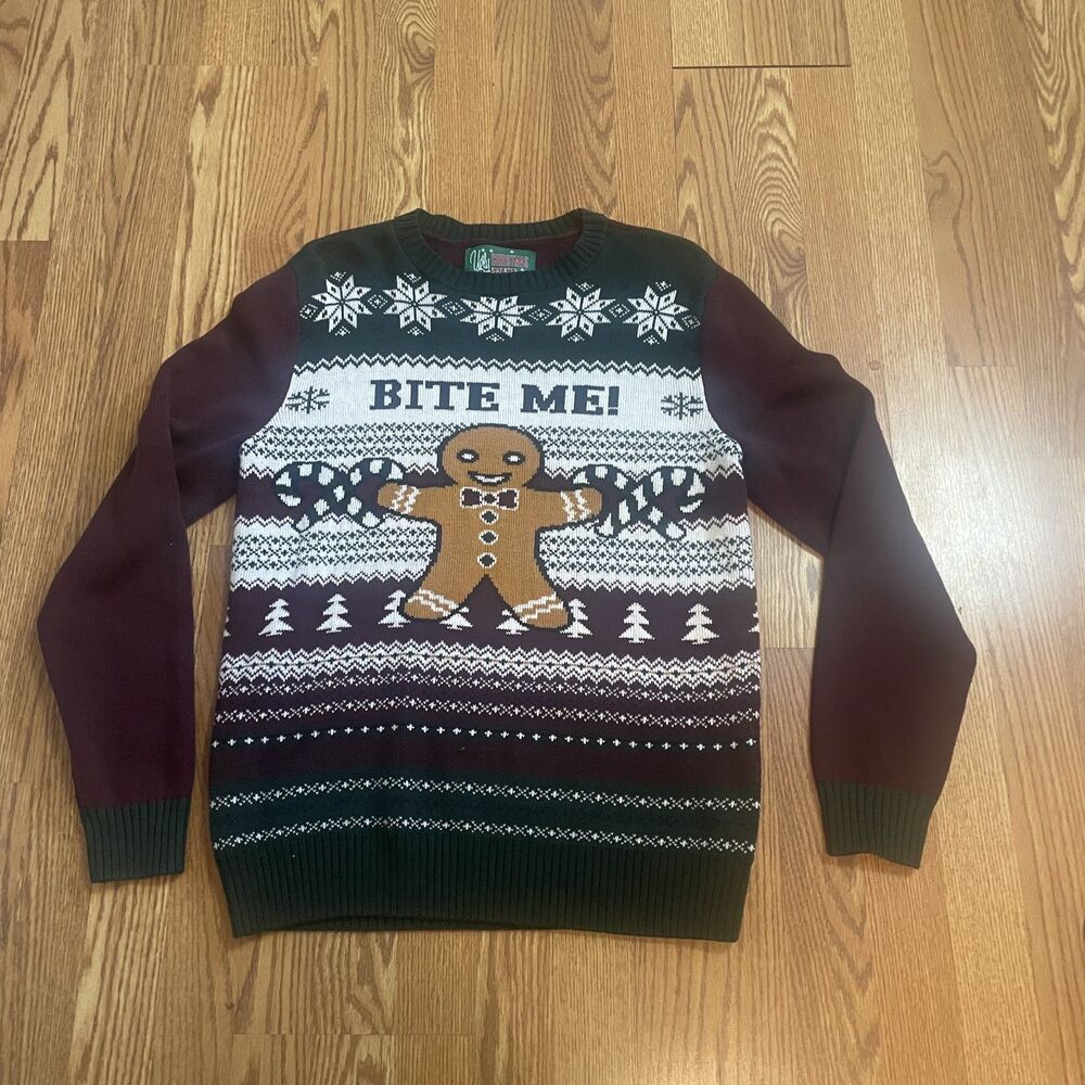 Bite Me Gingerbread Cookie Christmas Sweater M Funny Holiday Graphic Pullover
